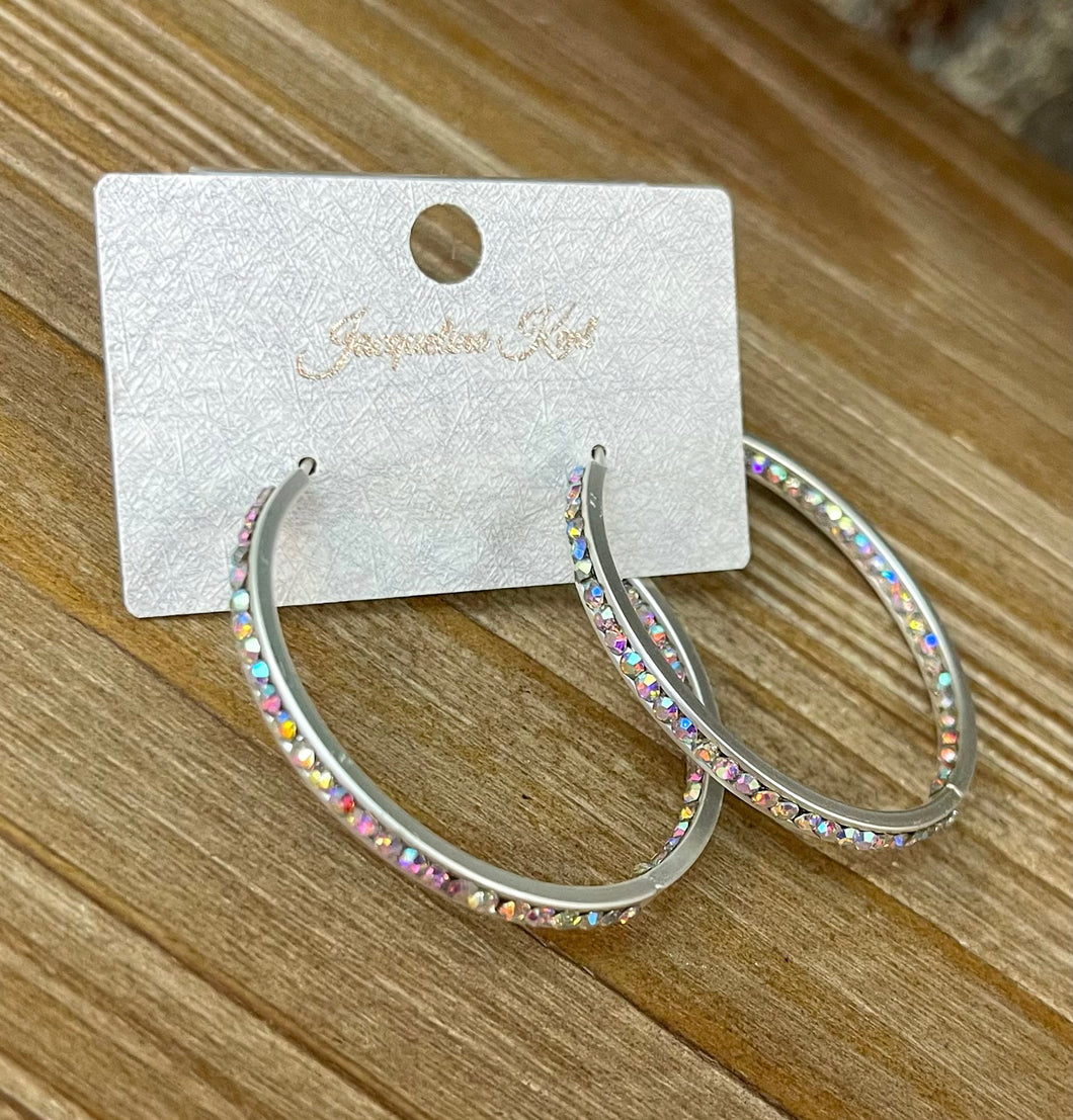Jacqueline Kent Silver Hoops Aligned with Multicolor Rhinestones