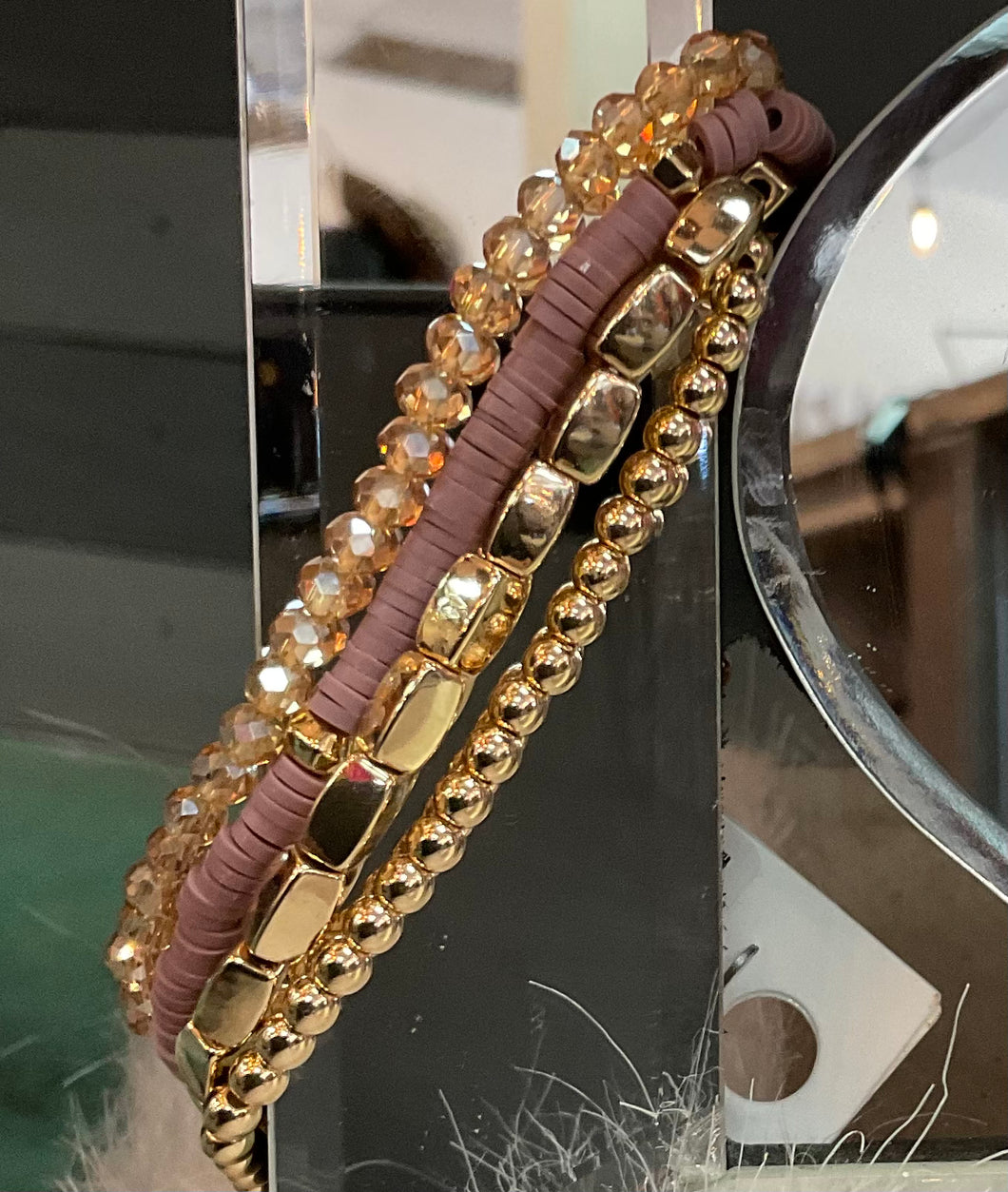 Gold Bracelets with Mauve Beaded Bracelet Set
