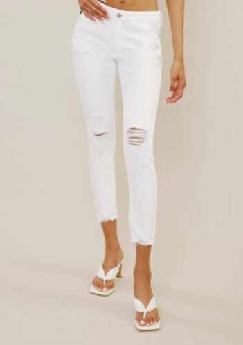 KanCan White Mid Rise Distressed Ankle Skinny