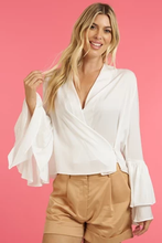 Glam White Wrap Blouse with Ruffled Sleeves
