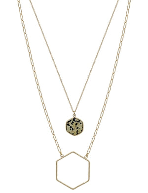 Gold Dalmation Hexagon Stone Layered Necklace