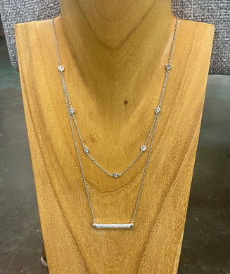 S&A Silver Multi Layer Necklace with CZ Bar and Silver Studs