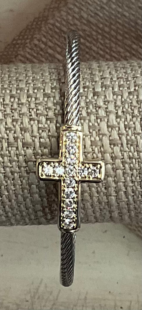 Twisted Silver & Gold Bracelet with Rhinestone Cross