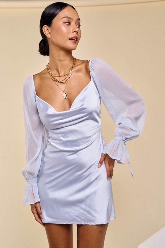 Blue Blush Satin Cowl Neck Dress with Sheer Sleeve